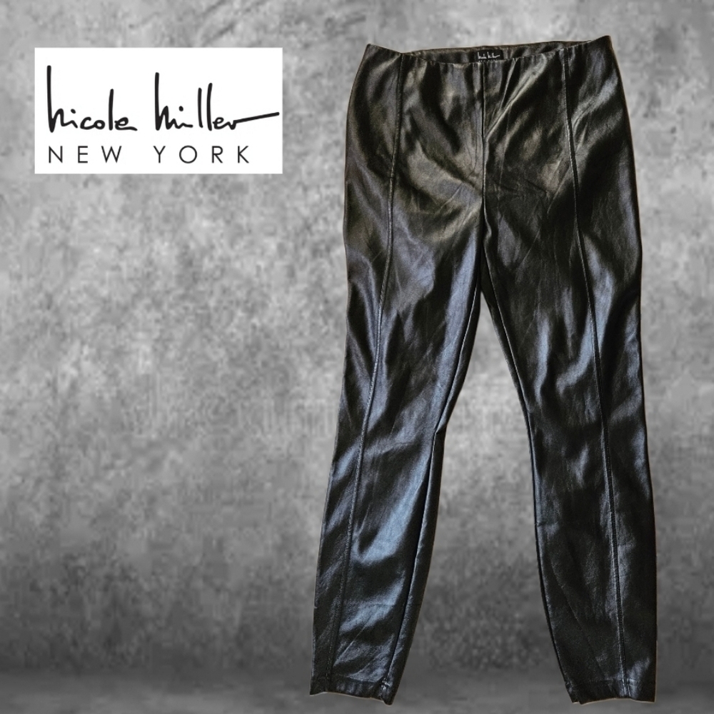 Nicole Miller New York Black Faux Leather Leggings Pants Sleek Fitted medium